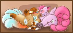 anus ass biscuit_(zoltsbun) blush border brown_border canid canine clothing digital_media_(artwork) duo female female/female feral fluffy fluffy_tail fur generation_1_pokemon genitals hair hi_res mammal multi_tail nintendo pokemon pokemon_(species) smile stealthyspirit tail tongue tuft vaginal_penetration vulpix vulva white_body white_fur