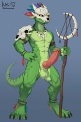 2:3 absurd_res animal_genitalia animal_penis anthro balls blue_background bone bone_accessory bone_armor bone_mask erection feathers genitals glans green_body hi_res knot lean_body lean_muscle lihzahrd lizard male mask nello_the_tiger penis reptile scalie simple_background skull skull_mask solo staff tail terraria witch_doctor_(terraria) yellow_eyes