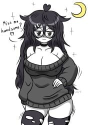 1girls artist big_breasts big_thighs black_hair blush blush_lines choker cute depressed eyebags female female_only glasses katy_(katymoonart) katymoonart long_hair messy_hair not_porn oc original original_character smile smug solo solo_female stockings sweater text thighhighs tired_eyes white_background white_body