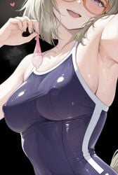 ai_generated air_messiah_(umamusume) armpits blue_one-piece_swimsuit breasts close-up condom covered_nipples framed_eyewear green_hair hairclip head_out_of_frame holding_condom holding_used_condom horse_ears horse_tail medium_breasts orange_glasses purple_eyes single_ear_cover tracen_swimsuit umamusume umamusume_pretty_derby used_condom