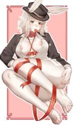 1girls absurdres aegyo_sal animal_ears artist_name ass bandana bandana_around_neck barefoot black_hat black_jacket blush bondage border bottomless bow breasts breasts_apart brown_eyes bun-zee chain_necklace chains chance_(forsaken) closed_mouth collared_shirt colored_skin commentary convenient_leg english_commentary fedora feet female fingernails forsaken_(roblox) full_body genderswap_(mtf) hand_on_own_ass happy_valentine hat heart highres jacket jewelry knees_together_feet_apart knees_up lapels large_breasts layered_sleeves lips long_sleeves looking_at_viewer medium_hair mouth_hold muffin_nouo necklace nipples official_alternate_costume official_alternate_hair_color official_alternate_hair_length official_alternate_hairstyle open_clothes open_jacket outline outside_border partially_open_shirt partially_unbuttoned pink_background pussy pussy_peek rabbit_ears red_bandana red_bow red_ribbon ribbon roblox roblox_game robloxian rule_63 shirt sidelocks simple_background sitting smile solo spread_ass toenails toes white_border white_hair white_outline white_shirt white_skin yokozuwari