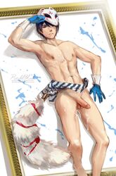 1boy abs after_masturbation blue_hair canvas cum cum_on_body cumshot gloves kitsune_mask male male_only mask nipples nude nude_male paint painting penis persona persona_5 reddblush reddverse serious solo solo_focus solo_male tail twink yusuke_kitagawa