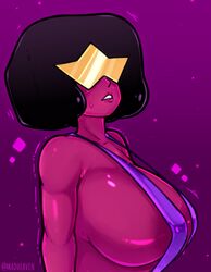 2021 big_breasts breasts cartoon_network cleavage female female_focus female_only garnet_(steven_universe) gem_(species) gem_fusion huge_breasts madheaven nervous nipples purple_background shadow steven_universe sweat