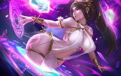 armlet belly_dancer belly_dancer_outfit bocas_top bracelet brown_hair dancer dancer_outfit gatery harem_girl harem_outfit large_breasts loincloth long_hair lots_of_jewelry magic mika_setilan original original_character ponytail purple_eyes voluptuous