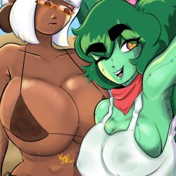 2girls armpit_hair big_breasts bikini bikini_bottom bikini_top brown_eyes brown_skin cactus clothed clothing emotionless glasses green_hair green_nipples green_skin hairy_armpits huge_breasts large_breasts long_hair loose_clothes multiple_girls palm_tree plant_girl plant_humanoid planttitty pose scarf see-through see-through_clothing short_hair sideboob smile sweat sweatdrop sweaty tank_top thick_eyebrows tight_clothing unusual_pupils wet_clothes wet_shirt wink winking_at_viewer xyakiwi yellow_eyes