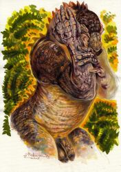 2025 anthro balls brown_balls brown_body brown_glans brown_penis brown_scales bruton closed_eyes countershade_scales countershading dinosaur dinosaur_(disney) disney flaccid genitals glans hand_on_head hand_on_own_head hi_res humanoid_genitalia humanoid_penis iguanodon iguanodontian iguanodontid leaf male male_anthro male_only marker_(artwork) markings multicolored_body multicolored_scales nude_anthro nude_male ornithischian ornithopod penis plant portrait prehistoric_species reptile scales scalie solo spots spotted_body spotted_scales tan_body tan_countershading tan_scales the_dawner three-quarter_portrait traditional_media_(artwork) yellow_body yellow_scales