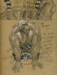 2boys abs anal beta_ray_bill biceps dialogue gay interspecies korbinite male male/male male_only marvel muscular muscular_male obliques pecs rocket_raccoon size_difference triceps tush yaoi