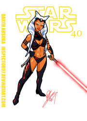 1girls ahsoka_tano ahsoka_tano_(imperial) big_breasts breasts cleavage clothed clothing female_focus female_only inspector97 lightsaber lingerie muscular muscular_female pose red_lightsaber revealing_clothes simple_background sith solo star_wars star_wars_rebels text yellow_eyes