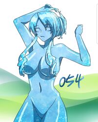 1girls big_breasts blue_eyes blue_hair breasts d.tangerine eyebrows_visible_through_hair female hair_over_breasts looking_at_viewer navel_piercing nude nude_female scp scp-054 scp_foundation solo water_hair waters