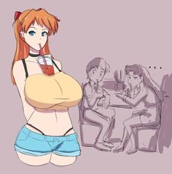 asuka_langley_sohryu breasts bubble_tea_challenge clothing crop_top daisy_dukes denim_shorts envy jealousy large_breasts larger_female micro_shorts minishorts misato_katsuragi neon_genesis_evangelion panties rexcrash64 shinji_ikari short_shorts shorts thong thong_above_shorts