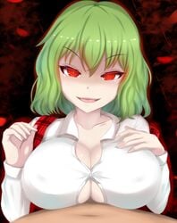 1boy :d bangs breasts cleavage_cutout clothing_cutout dark_background eyebrows_visible_through_hair female green_hair hair_between_eyes hand_on_own_chest large_breasts looking_at_viewer navel open_mouth paizuri paizuri_under_clothes plaid red_eyes renetan shirt short_hair smile straight touhou upper_body white_shirt yuka_kazami