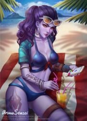 1girls alternate_costume aroma_sensei artist_name athletic beach bikini blue_skin bracelet collar collarbone cote_d'azur_widowmaker crazy_straw drink earrings female female_focus female_only floral_print glass hoop_earrings hourglass_figure iphone lips looking_at_phone mobile_phone nail_polish ocean outdoors overwatch playing_videogame purple_hair purple_skin red_lips red_lipstick sand scarf smartphone smiling solo sunglasses sunglasses_on_head tattoo tetris web_address widowmaker yellow_eyes