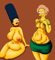 belly belly_bulge big_breasts bynshy chubby chubby_female edna_krabappel fat fat_belly marge_simpson the_simpsons