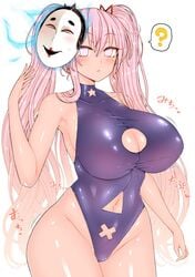 1girls ? armpits blush breasts curvy_female expressionless female hata_no_kokoro large_breasts mask open_mouth pink_eyes pink_hair roki_(hirokix) tagme tight_clothing tight_fit touhou voluptuous