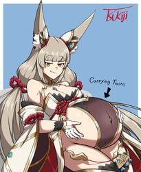 belly_button big_belly blush breasts brown_eyes brown_hair cleavage english_text female gloves hands_on_belly highleg_leotard kimono kitsune leotard looking_at_viewer nia nia_(blade) nintendo pregnant pregnant_with_multiples revealing_clothes signature smug tagme thick_thighs tsukiji xenoblade_(series) xenoblade_chronicles_2