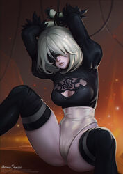 1girls android arms_up aroma_sensei blindfold bondage breasts cameltoe child_bearing_hips cleavage curvy emotionless expressionless female full-large_breasts leotard nier nier:_automata panties pussy realistic robot robot_girl solo spread_legs thighhighs wide_hips yorha_2b