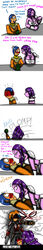 1boy 2girls big_breasts blue_eyes blue_hair blush breasts cleavage clothed clothing comic english_text ezra_bridger frikineitor143 interspecies long_hair pink_skin purple_hair revealing_clothes sabine_wren short_hair simple_background smile star_wars star_wars_rebels text tongue_out tora_(frikineitor143) white_background wide_hips zeltron