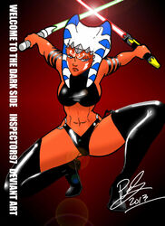 1girls ahsoka_tano ahsoka_tano_(imperial) angry big_breasts blue_eyes breasts clone_wars clothed clothing curvy female_focus female_only inspector97 john_f._ridley latex lingerie looking_at_viewer muscular muscular_female revealing_clothes sideboob simple_background sith solo spread_legs star_wars text wide_hips