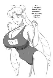 1girls aged_up alternate_breast_size bishoujo_senshi_sailor_moon black_and_white cleavage dialogue dialogue_box female_only huge_breasts large_breasts monochrome one-piece_swimsuit rexcrash64 school_swimsuit small_clothes solo solo_female swimsuit tight_clothing usagi_tsukino