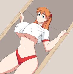 1girls aged_up amazon asuka_langley_sohryu blue_eyes clothing erect_nipples erect_nipples_under_clothes female female_only gym_uniform large_breasts neon_genesis_evangelion no_bra red_hair red_panties rexcrash64 solo standing_in_doorway underboob