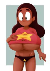 1girls alternate_breast_size big_breasts black_panties black_underwear breasts cartoon_network connie_maheswaran dark-skinned_female embarrassed huge_breasts large_breasts long_dark_hair long_hair no_pants panties pantless pantsless spakka5 star_panties steven_universe t-shirt underboob