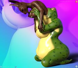 amphibian anthro ass beatrice_(loneclaw) big_breasts big_butt bodily_fluids breast_squeeze breasts daz3d daz_3d daz_studio duo female female/female frog lactating lactation lagomorph leporid loneclaw mammal milk oral_vore projectile_lactation rabbit same_size_vore sitting stomach_bulge thick_thighs unwilling_vore vore wide_hips yuri