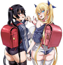 2girls asanagi backpack bag black_hair blonde_hair blue_hair crime_prevention_buzzer female hair_ribbon hand_holding holding_hands hotpants human jacket legwear looking_at_viewer multiple_girls original outerwear pale_skin randosel randoseru short_shorts simple_background thighhighs twintails