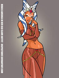 1girls ahsoka_tano big_breasts breasts clothed clothing curvy female_focus female_only inspector97 lingerie looking_at_viewer navel revealing_clothes simple_background smile solo star_wars star_wars_rebels text wide_hips yellow_eyes