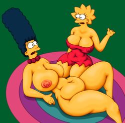 2girls belly big_breasts blue_hair bynshy chubby chubby_female clothing dress erect_nipples erect_nipples_under_clothes fat fat_belly female female_only lisa_simpson looking_at_another marge_simpson milf mother_and_daughter the_simpsons