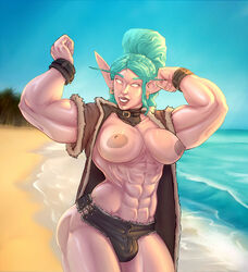 1futa abs beach big_breasts breasts bulge collar earrings elf flexing futa_only futanari green_eyes green_hair hyper_muscles looking_at_viewer muscular muscular_arms muscular_ass muscular_futanari muscular_legs muscular_thighs night_elf pose posing shorts solo warcraft world_of_warcraft wow zion_alexiel