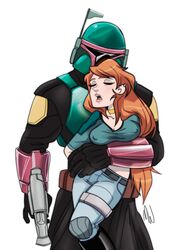 1boy 1girls big_breasts boba_fett breasts cleavage clothed clothing curvy long_hair milkytatiana nipples open_mouth red_hair revealing_clothes simple_background star_wars star_wars_rebels white_background