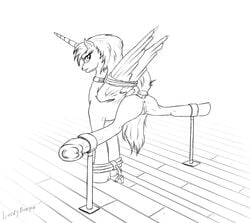 alicorn anus bondage bound bound_wings collar equid equine female feral genitals hasbro horn looking_back mammal monochrome my_little_pony pussy simple_background solo source_request spread_legs spreading white_background wings zafara_(artist)