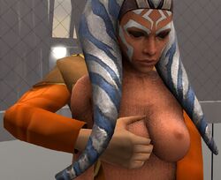 1boy 1girls 3d ahsoka_tano big_breasts breast_grab breasts cleavage closed_eyes clothed clothing ezra_bridger interspecies male nipples nsfw-gt-fd-ots nude standing star_wars star_wars_rebels