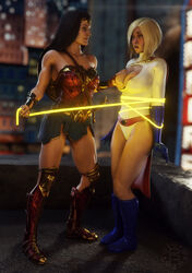 2girls 3d areolae blender bomyman breast_grab breasts dc dc_comics diana_prince female female_only huge_breasts justice_league karen_starr nipples power_girl superheroine superman_(series) wonder_woman wonder_woman_(series) yuri