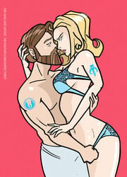 1boy 1girls arm_grab arm_tattoo background beard big_breasts blonde_hair blue_eyes blue_panties bra breasts brown_hair canon_couple clone_wars clothing deviantart duo english_text eye_contact eyes facial_hair female hand_behind_head holding hugging imminent_sex inspector97 jedi_order_insignia light-skinned_female light_skin lingerie lipstick looking_at_another male mandalorian_tattoo medium_hair navel obi-wan_kenobi open_eyes panties panty_pull parted_lips pink_background pink_lipstick red_background satine_kryze shiny_skin short_hair side_view sideboob signature simple_background standing star_wars straight tattoo teeth text towel underwear undressing url wet wholesome wide_hips