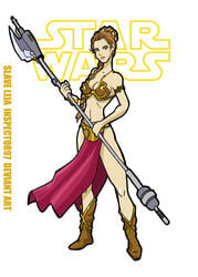 1girls big_breasts breasts brown_eyes brown_hair cleavage clothed clothing curvy english_text female_focus female_only inspector97 john_f._ridley lingerie loincloth long_hair looking_at_viewer metal_bikini pelvic_curtain princess_leia_organa revealing_clothes simple_background slave_bikini slave_leia solo star_wars text white_background