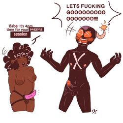 1boy 1girls anthro black_skin blush carol_(bbpanzu) carol_x_whitty comic dark-skinned_female dark_skin dialog dialogue dick_flattening english_text femdom friday_night_funkin let's_fucking_go male meme pegging penis ruggadugga straight strap-on studded_dildo whitty_(friday_night_funkin)