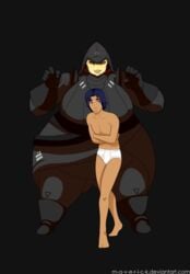 1boy 1girls big_breasts black_background blue_eyes blue_hair breasts clothed clothing curvy ezra_bridger interspecies maverick nude obese overweight overweight_female seventh_sister short_hair simple_background smile star_wars star_wars_rebels wide_hips yellow_eyes