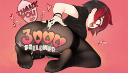 absurdres after_sex all_fours ashley_rosemarry black_hair black_legwear black_nails black_shirt bracelet breasts commentary cum cum_on_ass cum_on_clothes english_commentary english_text female freckles from_behind full_body glasses gothic heart highres huniepop jewelry kopianget medium_breasts milestone_celebration multicolored_hair no_pants no_shoes original pantyhose pink_background red-framed_eyewear red_hair ring shirt short_hair solo stayblack t-shirt thank_you thighband_pantyhose two-tone_hair upper_teeth