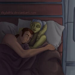 1boy 1girls bed breasts brown_hair canon_couple cleavage hera_syndulla interspecies kanan_jarrus male medium_breasts on_back on_bed romantic romantic_couple short_hair shylablu sleeping smile star_wars star_wars_rebels text twi'lek watermark