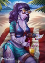 1girls alternate_costume aroma_sensei artist_name athletic beach bikini blue_skin bracelet collar collarbone cote_d'azur_widowmaker crazy_straw drink earrings female female_focus female_only floral_print glass hoop_earrings hourglass_figure iphone lips looking_at_phone mobile_phone nail_polish ocean outdoors overwatch playing_videogame purple_hair purple_skin red_lips red_lipstick sand scarf smartphone smiling solo sunglasses sunglasses_on_head tattoo tetris web_address widowmaker yellow_eyes