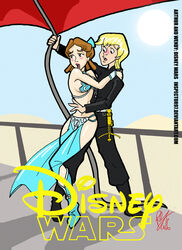 1boy 1girls arthur_(sword_in_the_stone) arthur_pendragon arthurian_legends blonde_hair breasts brown_eyes clothed clothing cosplay crossover curvy disney inspector97 lingerie loincloth lucasfilm medium_breasts pelvic_curtain peter_pan_(1953_film) peter_pan_(disney) revealing_clothes short_hair sideboob simple_background slave_bikini slave_leia_(cosplay) star_wars the_sword_in_the_stone wendy_darling wide_hips