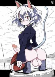 1futa animal_ears anus ass balls blush cat_ears cat_tail closed_mouth colored doll_joints edited female from_behind futa_only futanari hunter_x_hunter joints knee_boots large_penis long_sleeves looking_at_viewer looking_back messy_hair neferpitou no_panties penis ryuno shoes short_hair shorts shorts_down shorts_pull solo squatting tail tengaka wavy_hair