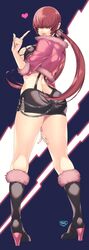 ass boots breasts brown_hair cleavage cleavage_cutout clothing_cutout cropped_jacket earrings female hair_over_eyes highres jewelry king_of_fighters large_breasts lips lipstick long_hair looking_at_viewer makeup miniskirt murata_tefu ponytail red_hair shermie_(kof) skirt smile solo split_ponytail twintails