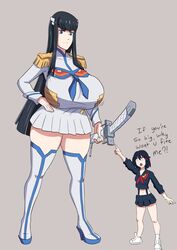 2girls clothed clothing hime_cut junketsu kill_la_kill kiryuuin_satsuki large_breasts matoi_ryuuko mini_giantess rexcrash64 thick_thighs