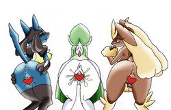 3girls ass female female_gardevoir female_lopunny female_lucario female_pokemon gardevoir lopunny lucario mewtwox multiple_girls nintendo no_breasts pokemon pokemon_(species) pokemon_rse