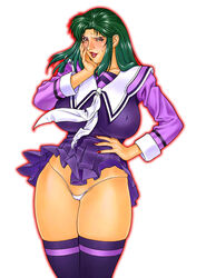 1girls 2002 breasts cima_garahau curvaceous female green_hair gundam gundam_0083 human large_breasts light-skinned_female light_skin long_hair mature mature_woman motchie_kingdom panties school_uniform skirt solo tagme thighhighs villainess