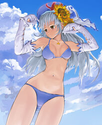 2chan bikini cloud detached_sleeves female flower gloves hair_flower hair_ornament hat highres karuta_(karutazia) long_hair looking_away opera-tan opera_(browser) os-tan red_eyes silver_hair site-tan sky solo star sunflower swimsuit