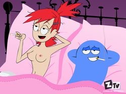 1boy 1girls 2010 accurate_art_style after_sex bed bloo bloo_me_(zone) breasts cartoon_network cigarette classic female foster's_home_for_imaginary_friends frankie_foster human in_bed male nipples nude open_mouth pillow red_hair slender smile smoking sweat teeth tied_hair tongue topless zone