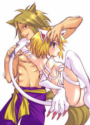 00s 1girls 2000s 2009 ai_kaminari animal_ears animal_tail blonde blonde_hair blush breasts cat_ears cleavage clothing cosplay darkstalkers duo felicia_(darkstalkers)_(cosplay) female gan_takada hat human koari light-skinned_female light_skin male medium_breasts naked nude short_hair small_breasts tail time_bokan_(series) white_background yatterman